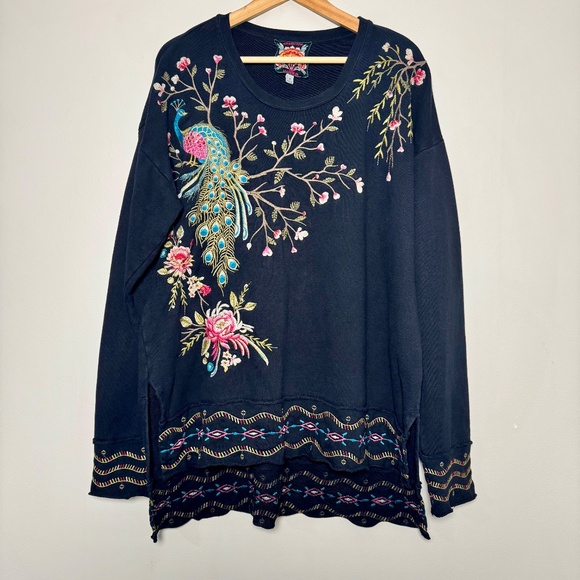 Johnny Was Kaira Hi-Lo Long Sleeve Embroidered Black Pullover Sz M - Picture 2 of 12